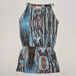 Veronica M Y2K Blue Ikat Halter Mini Dress Boho Resort Stretch